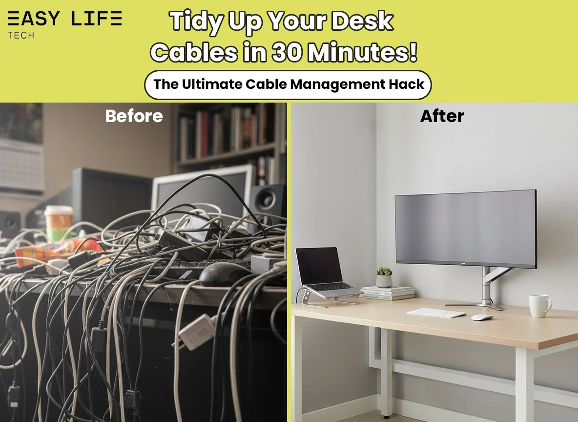 Modern home office desk with neatly organized cables using EasyLife Tech cable trunking — clutter-free workspace setup for cable management.