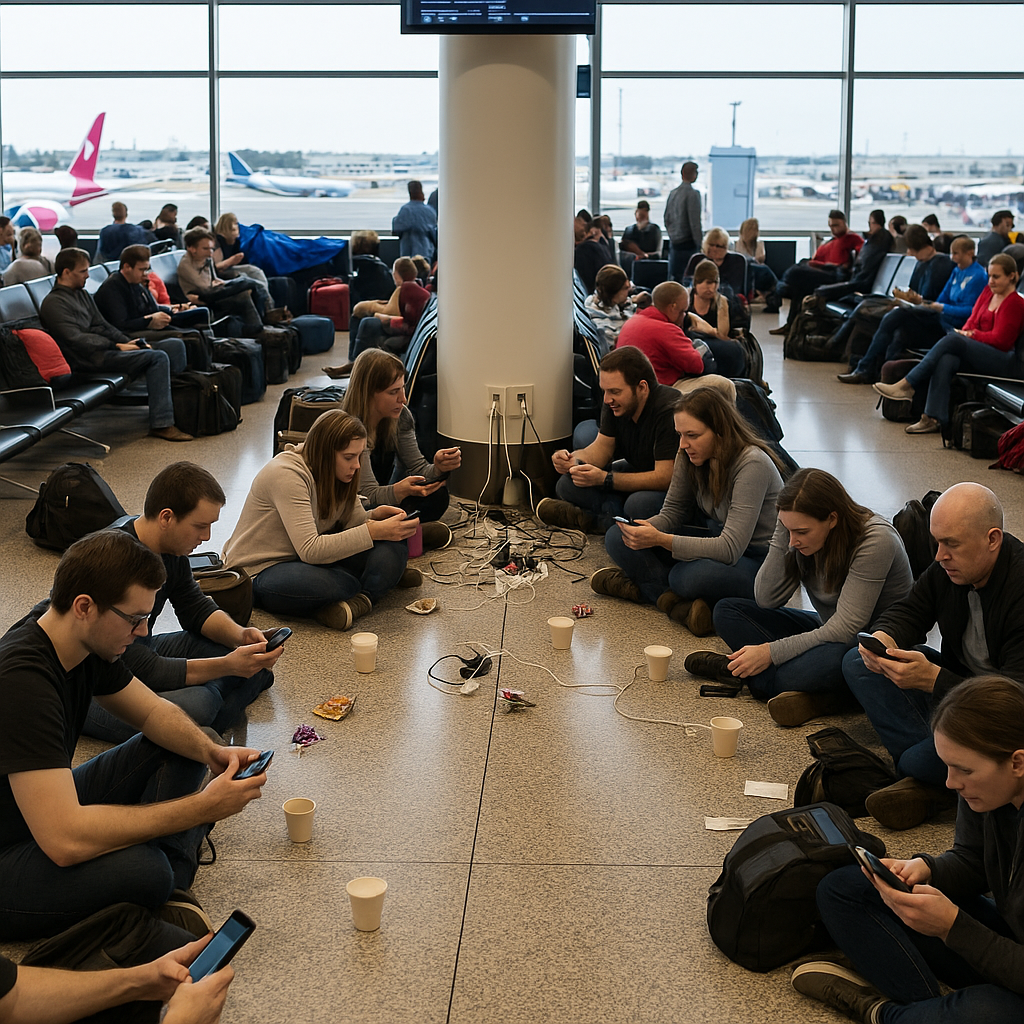Travelers crowded around limited airport power outlets charging phones and devices on the floor