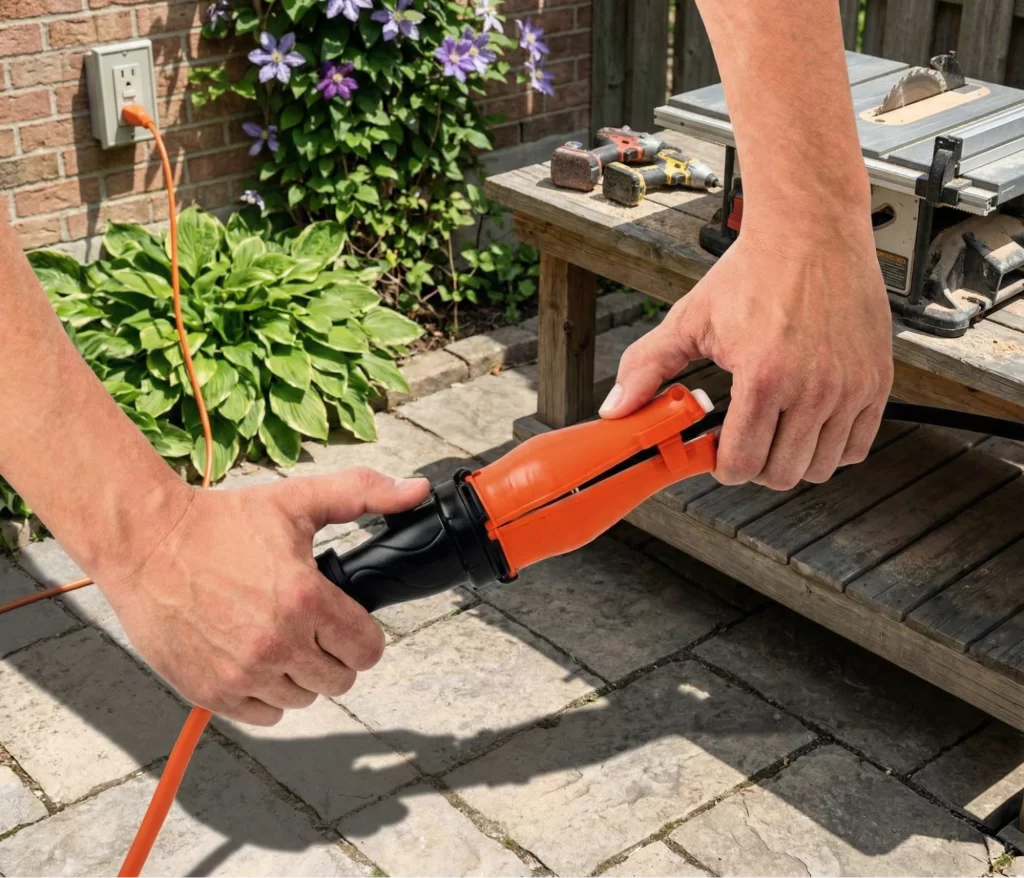 Weatherproof outdoor extension cord powering patio string lights and speakers for safe outdoor entertainment setup