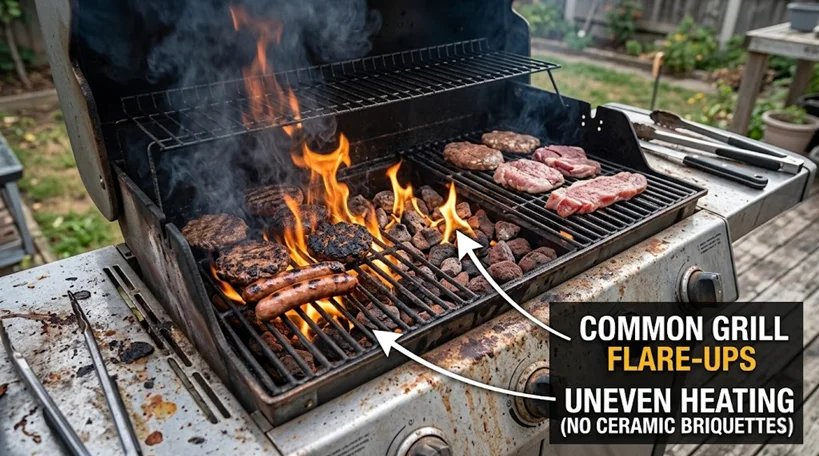 Gas grill with flare-ups and uneven heating caused by missing ceramic grill briquettes and poor heat distribution