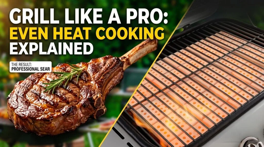 Steak grilling over ceramic grill tiles demonstrating even heat grilling and consistent heat distribution on a gas grill