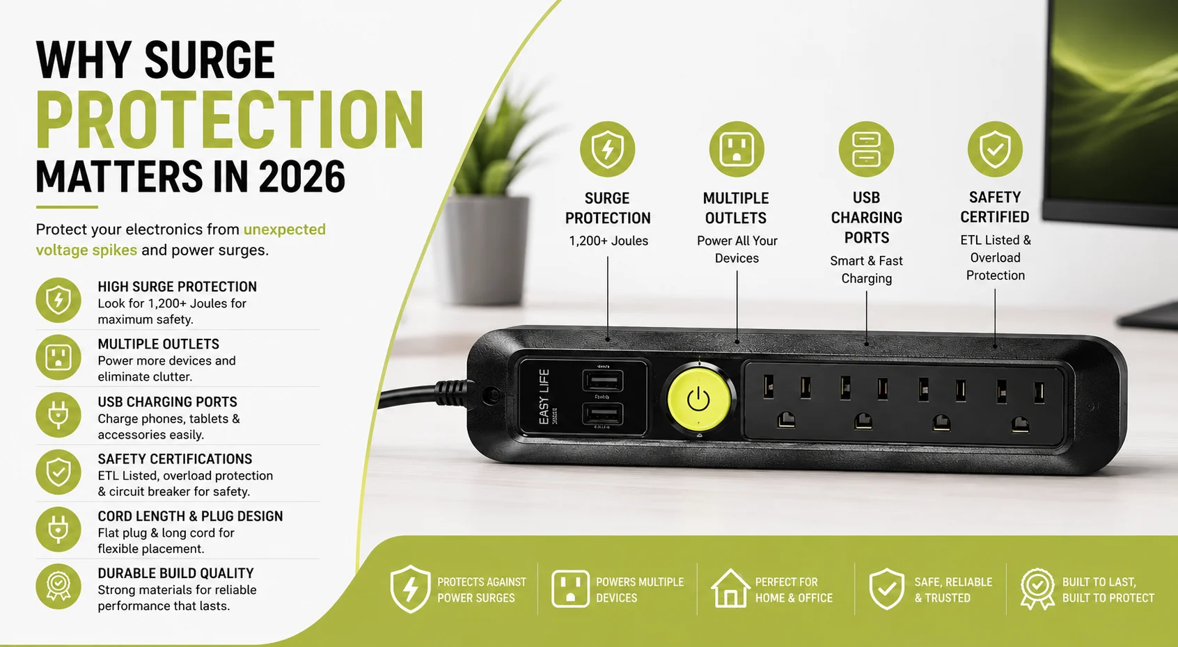 Key features of the best surge protector power strip including 1200-joule protection, USB charging ports, multiple outlets, ETL certification, and overload protection.