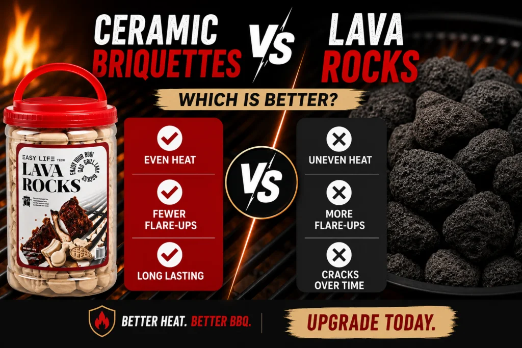 Ceramic grill briquettes vs lava rocks comparison showing even heat, fewer flare-ups, and longer-lasting performance for gas grills.